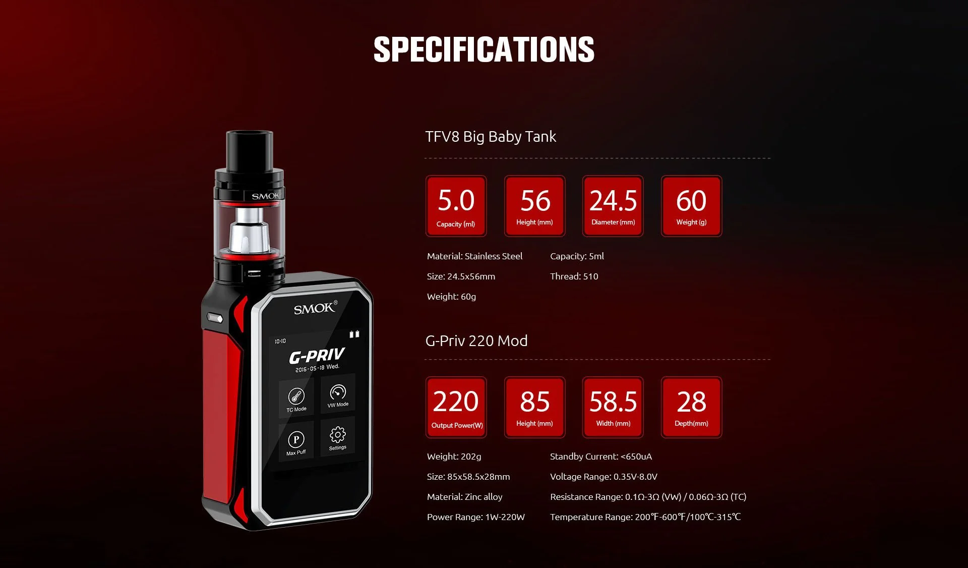 SMOK G - PRIV 220w Touch Display Starterkit Starterset mit TFV8 Big Baby - 5,0 ml - Image 9